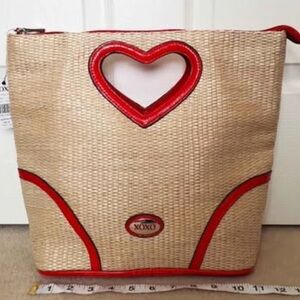 XOXO Tan and Red Heart Tote Bag